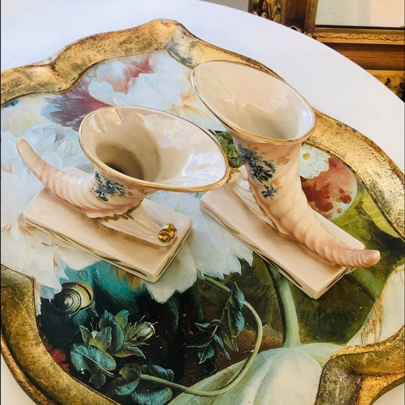 Vintage Freeman Hand Painted Cornucopia Vase Pair - Picture 2 of 10